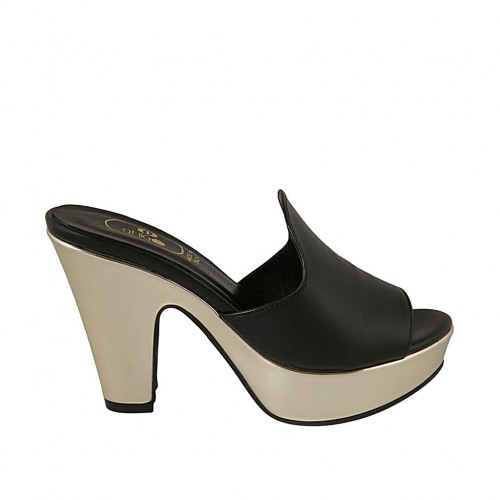 Mule ouvert pour femmes en cuir noir et cuir verni or avec plateforme et talon 10 - Pointures disponibles:  33, 34, 42, 43