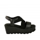 Woman's sandal with elastic band, platform and velcro strap in black glittery laminated leather wedge heel 6 - Available sizes:  43, 44, 45