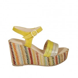 Woman's strap sandal with platform in yellow suede, yellow and platinum laminated leather and multicolored wedge heel 9 - Available sizes:  32, 33, 34, 42, 43, 44