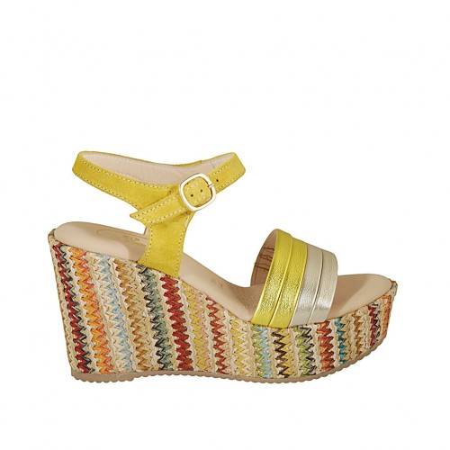 Woman's strap sandal with platform in yellow suede, yellow and platinum laminated leather and multicolored wedge heel 9 - Available sizes:  32, 33, 34, 42, 43, 44