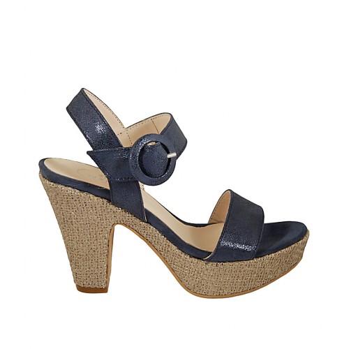 Sandalo da donna in camoscio stampato laminato blu con cinturino, plateau e zeppa 10 - Misure disponibili: 32, 34, 42, 43, 44