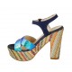 Woman's strap sandal with platform in blue suede, multicolored holographic patent leather and multicolored fabric heel 12 - Available sizes:  31, 32, 33, 34, 42, 43, 44, 45