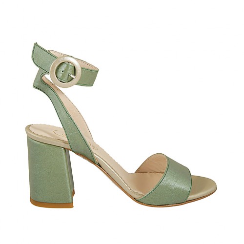 Woman's sandal with anklestrap in green and platinum laminated leather heel 7 - Available sizes:  31, 42, 43