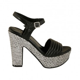 Sandalo con cinturino e plateau in pelle nera e tessuto grigio tacco 12 - Misure disponibili: 32, 33, 34, 42, 43, 44