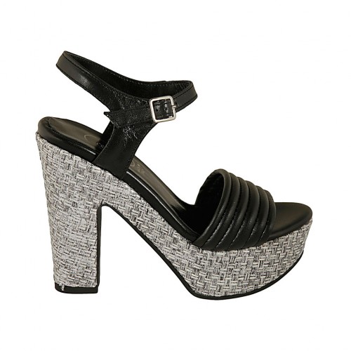 Sandalia para mujer con plataforma y cinturon en piel negra y tejido gris tacon 12 - Tallas disponibles:  32, 33, 34, 42, 43, 44
