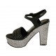 Sandalia para mujer con plataforma y cinturon en piel negra y tejido gris tacon 12 - Tallas disponibles:  32, 33, 34, 42, 43, 44