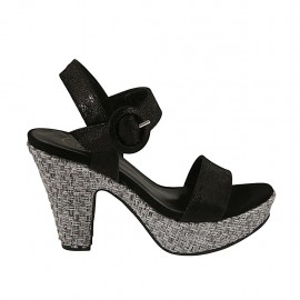 Sandalia para mujer con plataforma y cinturon en gamuza laminada estampada negra y tejido gris tacon 10 - Tallas disponibles:  32, 33, 34, 42, 43, 44