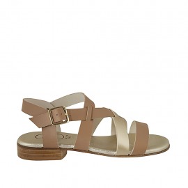 Woman's sandal in tan and metallic platinum leather heel 2 - Available sizes:  32, 33, 34, 43, 44