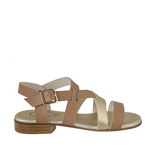 Sandalia para mujer en piel de color brun claro y platino metalizado tacon 2 - Tallas disponibles:  32, 33, 34, 43, 44