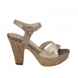 Woman's strap sandal with platform in taupe and platinum laminated printed suede heel 10 - Available sizes:  32, 34, 42, 43