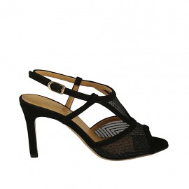 Sandalia para mujer en gamuza y tela laminada transparente negra tacon 7 - Tallas disponibles:  32, 33, 34, 42, 43, 46