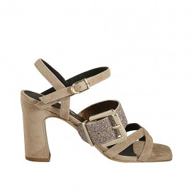 Sandalo da donna con cinturino e fibbia glitterata multicolore in camoscio taupe tacco 8 - Misure disponibili: 32, 33, 34, 42, 43, 44, 45, 46