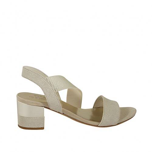 Woman's sandal with striped printed elastic band in beige and platinum printed suede heel 5 - Available sizes:  32, 33, 34, 42, 43, 44, 45