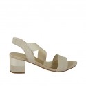 Woman's sandal with striped printed elastic band in beige and platinum printed suede heel 5