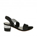 Woman's sandal with striped printed elastic band in black and silver printed suede heel 5