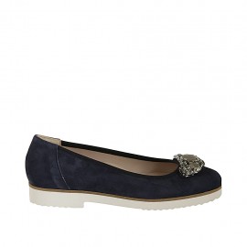 Zapato de salon con piedras para mujer en gamuza azul tacon 2 - Tallas disponibles:  32, 33, 34, 42, 43