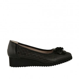 Zapato de salon con moño para mujer en piel y piel perforada negra cuña 3 - Tallas disponibles:  32, 33, 34, 42, 43, 44, 45