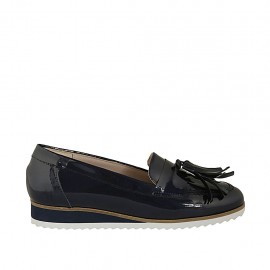 Woman's mocassin with tassels in blue patent leather wedge heel 2 - Available sizes:  33, 43
