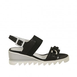 Sandale pour femmes avec elastique et chaîne en cuir noir talon compensé 5 - Pointures disponibles:  32, 34, 42, 44, 45