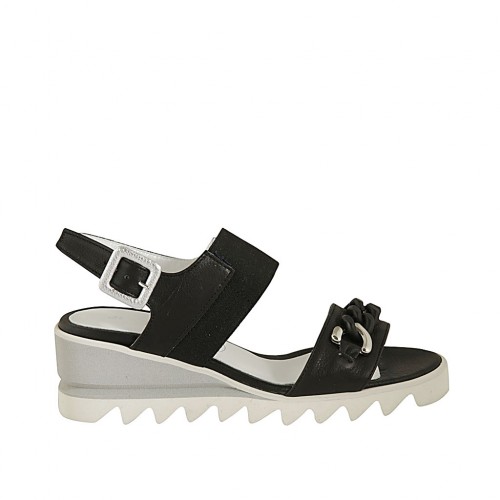 Sandalo da donna con elastico e catena in pelle nera zeppa 5 - Misure disponibili: 32, 34, 42, 44, 45