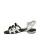 Woman's sandal with anklestrap in holographic white and rose printed leather with bows in black suede heel 1 - Available sizes:  33, 34, 42, 43, 44, 45