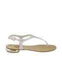 Woman's thong sandal with rhinestones in white suede heel 1