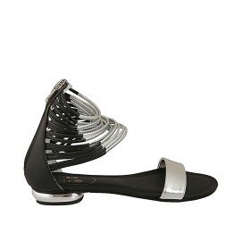 Scarpa aperta con cerniera da donna in pelle nera e laminata argento tacco 1 - Misure disponibili: 33, 34, 42, 43, 44