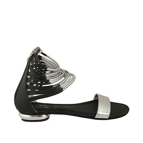 Scarpa aperta con cerniera da donna in pelle nera e laminata argento tacco 1 - Misure disponibili: 33, 34, 43, 44