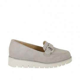Woman's mocassin with accessory and removable insole in grey suede wedge heel 3 - Available sizes:  33, 42, 45