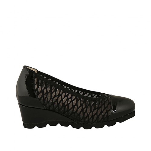 Decolté da donna in tessuto trasparente e vernice nera con plantare estraibile zeppa 5 - Misure disponibili: 34, 43, 44