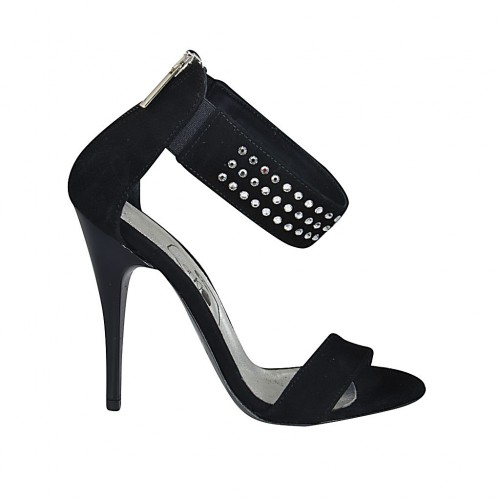 Scarpa aperta da donna con cerniera, strass ed elastico in camoscio nero tacco 11 - Misure disponibili: 32, 33, 34, 42, 43, 44, 46, 47