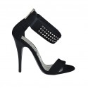 Zapato abierto con estras, elastico y cremallera en gamuza negra tacon 11