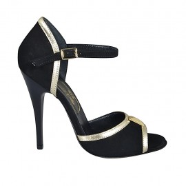 Zapato abierto para mujer con accesorio en gamuza negra y piel platino tacon 11 - Tallas disponibles:  32, 33, 34, 42, 44, 45, 46