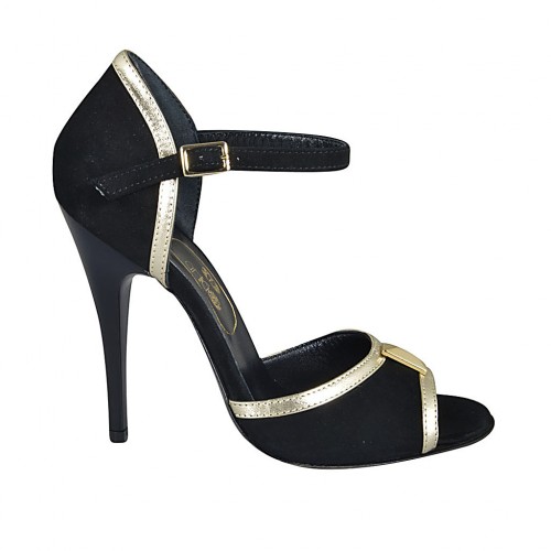 Zapato abierto para mujer con accesorio en gamuza negra y piel platino tacon 11 - Tallas disponibles:  32, 33, 34, 42, 44, 45, 46