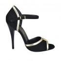 Offener Damenschuh mit Accessoire aus schwarzem Wildleder und platinfarbenem Leder Absatz 11