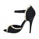 Zapato abierto para mujer con accesorio en gamuza negra y piel platino tacon 11 - Tallas disponibles:  32, 33, 34, 42, 44, 45, 46