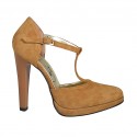 Offener Damenschuh mit Plateau und T-Steg aus hellbraunem Wildleder Absatz 11