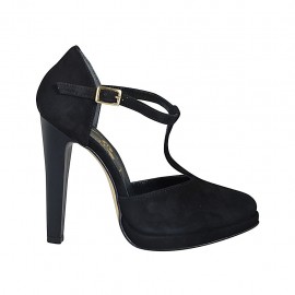 ?Zapato abierto para mujer con cinturon salomé y plataforma en gamuza negra tacon 11 - Tallas disponibles:  33, 34, 42, 43, 44, 45, 46