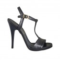 Woman's platform sandal with strap in black leather heel 11