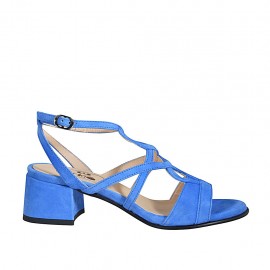 Sandalia con cinturon para mujer en gamuza azul aciano tacon 4 - Tallas disponibles:  32, 33, 34, 42, 43, 44, 45, 46