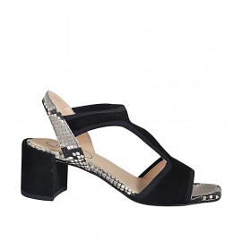 Sandalia para mujer con elastico en gamuza negra y piel estampada tacon 6 - Tallas disponibles:  32, 33, 34, 43, 44, 45, 46