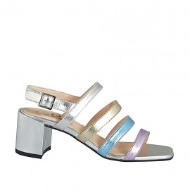 ?Sandalia para mujer en piel laminada plateada, platino, azul claro y rosa tacon 6 - Tallas disponibles:  32, 34, 42, 44, 45, 46