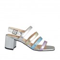 Sandale pour femmes en cuir lamé argent, platine, bleu clair et rose talon 6