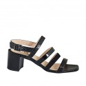 Sandalo da donna in pelle, pelle stampata, vernice e camoscio nero tacco 6