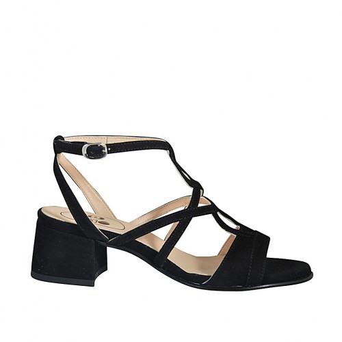 Sandalo da donna in camoscio nero con cinturino alla caviglia tacco 4 - Misure disponibili: 32, 33, 34, 42, 43, 44, 45, 46