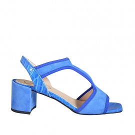 ?Woman's sandal with elastic band in cornflower blue suede and printed leather heel 6 - Available sizes:  32, 33, 34
