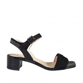 Sandalia con cinturon para mujer en gamuza y piel estampada negra tacon 4 - Tallas disponibles:  33, 43, 44, 45