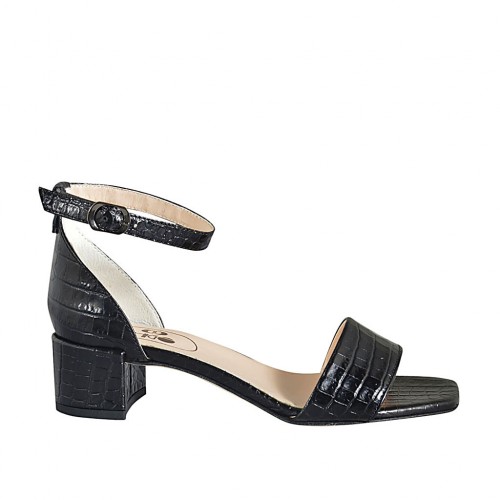 Chaussure ouvert pour femmes avec courroie à la cheville en cuir imprimé noir talon 4 - Pointures disponibles:  32, 34, 44, 45