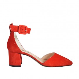 Woman's pointy open shoe with strap in red suede heel 5 - Available sizes:  33, 34, 43, 44, 45, 46