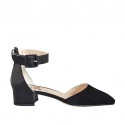Woman's pointy open shoe with ankle strap in black leather and suede heel 3